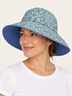 Coolibar Sun Hat L/XL Blue Green Paisley Wide Brim UPF 50+ Stretch